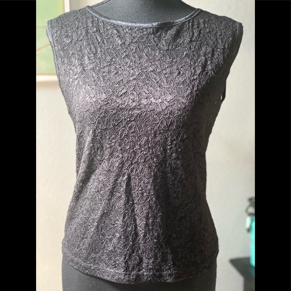 Ann Taylor Petites-Black lace boatneck Blouse trimmed in Black Satin, SP